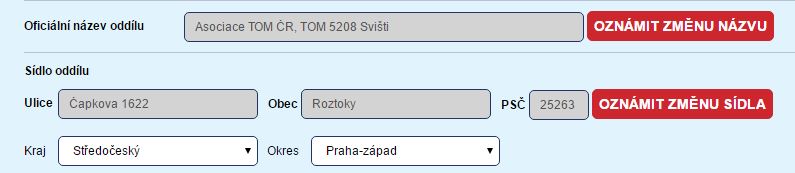 Změna názvu a sídla oddílu